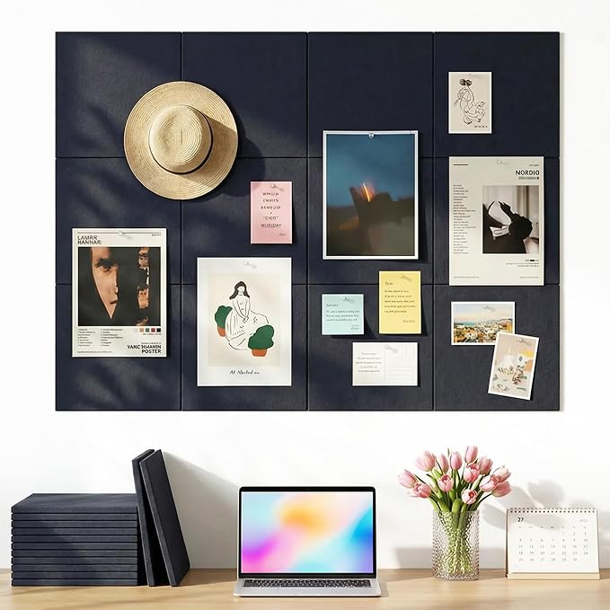 Aothia 12-Pack Felt Bulletin Board Tiles for Walls - 48x36 Modular Bulletin Board, Cork Board Alternative Pin Board for Office & Classroom, 70 Adhesive Tabs & 40 Push Pins Included (Navy Blue)