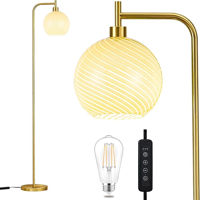 MAYNA Mid Century Modern Floor Lamp, Amber Ribbed Glass Standing Lamp with Built-in Timer Switch, Gold Tall Vintage Lamps for Living Room Bedroom, 2700K LED Bulb Included
