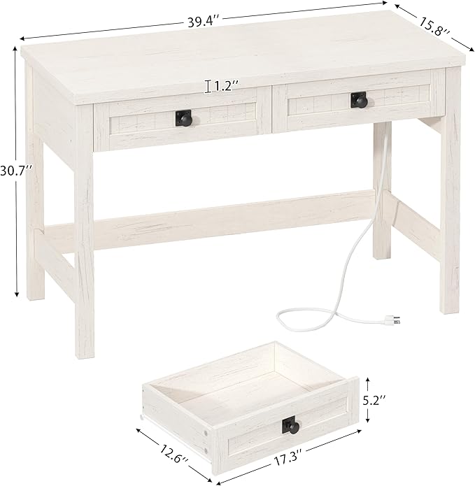 Farmhouse Computer Desk with 2 Drawers, 39 Inch Small Office Computer Desk with Power Outlets, Compact Writing Study Vanity Desk for Small Spaces, White