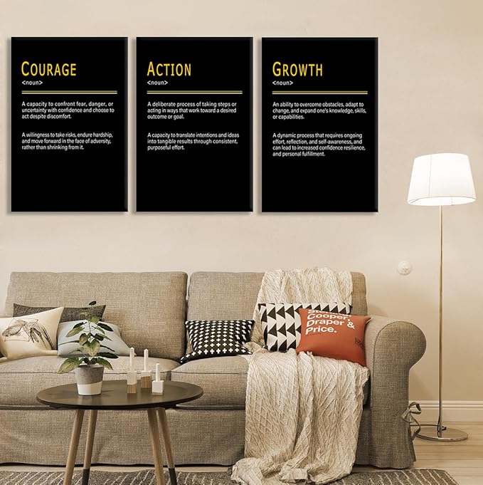 Motivational Wall Decor COURAGE ACTION GROWTH Noun Positive Poster Promote Personal Progress Inspirational Canvas Wall Art for Office Home Bedroom Workplace Framed Ready to Hang [72''Wx 36''H]