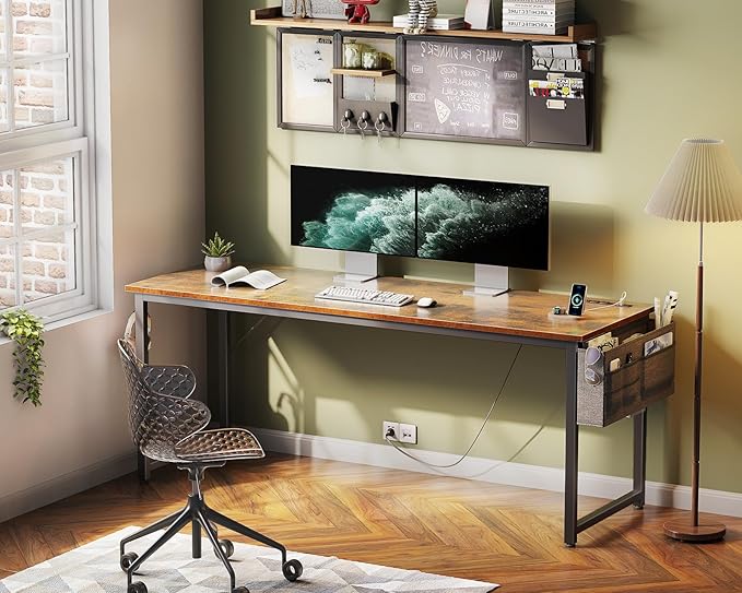 KKL Large Computer Desk with Power Outlets and USB Port Desk for Home Office Gaming Simple Modern Style Writing Desks with Storage Bag Headphone Hook, 63 inch, Rustic Brown