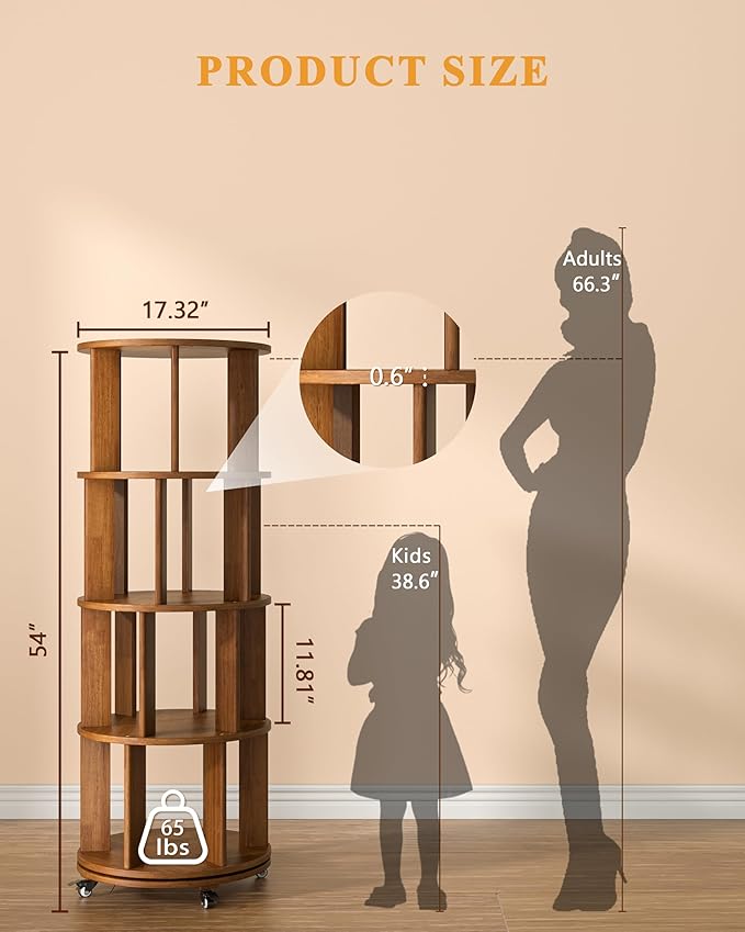 Rotating Bookshelf, 4 Tier Solid Wood Bookshelf Tower with Lockable Wheels, 360° Spinning Revolving Bookcase for Small Spaces, Corners, Bedroom, Kids Room, Home Office, Walnut