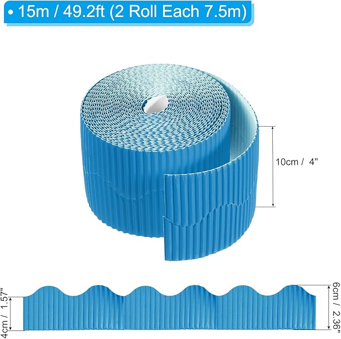 PATIKIL 3.9inch x 49.2ft Bulletin Board Border, Scalloped Trim Paper Corrugated Paper for Locker Classroom Decor Black White Cork Poster Boards, Lake Blue