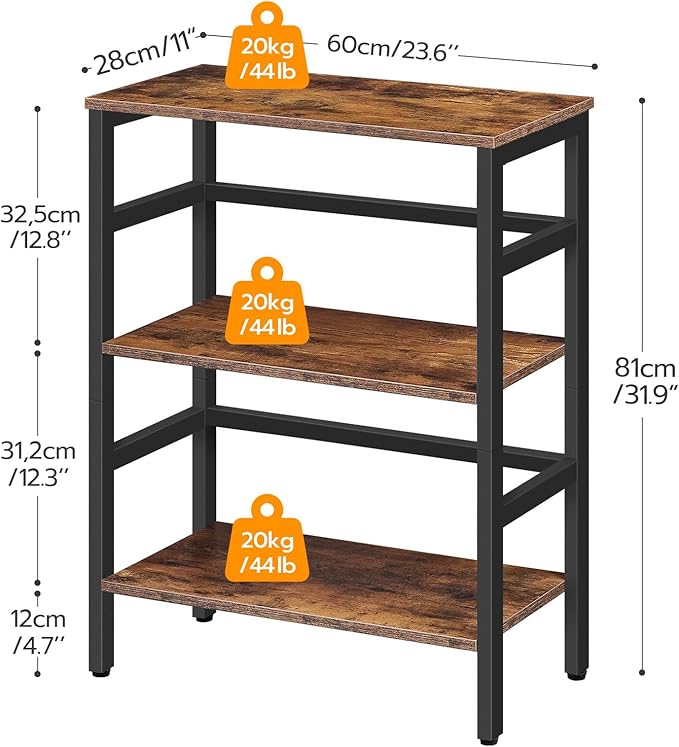 HOOBRO 3 Tier Bookshelf, 23.6" L Industrial Bookcase, Record Storage Rack with Side Fence, Storage Shelf with Metal Frame, Rustic Open Display Shelf for Living Room, Bedroom, Rustic Brown BF86CJ01G1