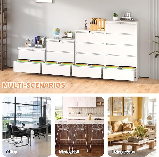 4 Drawer Lateral File Cabinet with Lock for Home Office Metal Filing Cabinet with Adjustable Hanging Rails Horizontal Filing Organization Storage Cabinet for Letter/Legal/A4/F4 Size White