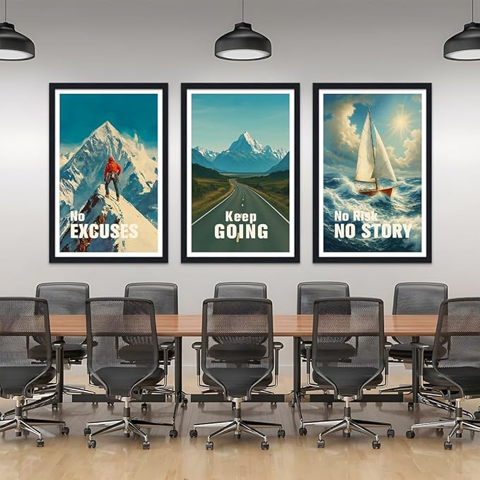 3 Piece Motivational Wall Decor - Framed Office Wall Art, No Excuses Keep Going No Risk No Story Inspirational Canvas Prints for Home Gym | Mountain Road & Sailboat Artwork | Ready to Hang 24"x36"x3
