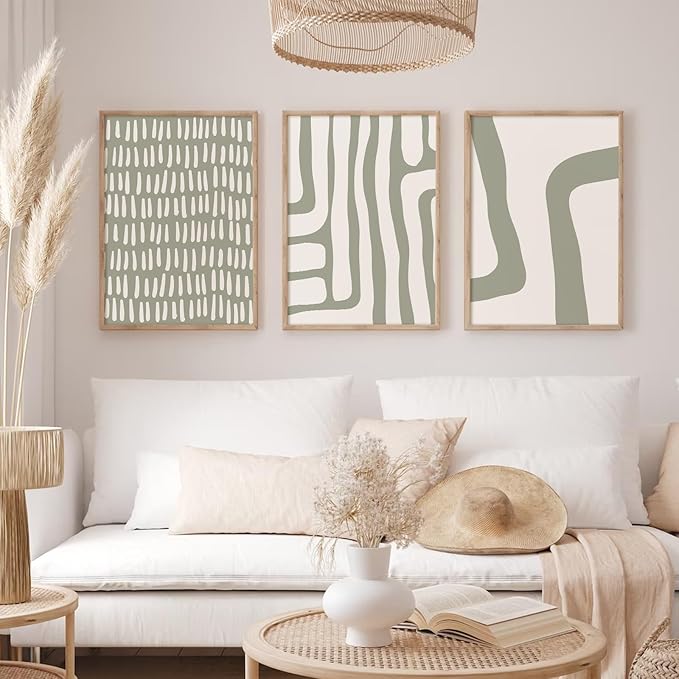 Minimalist Neutral Wall Art Decor Sage Green Boho Canvas Poster Abstract Modern Painting Wall Art Mid Century Beige Pictures Prints Gallery Line Wall Art for Bedroom 12x16 Inch Unframed Set of 3