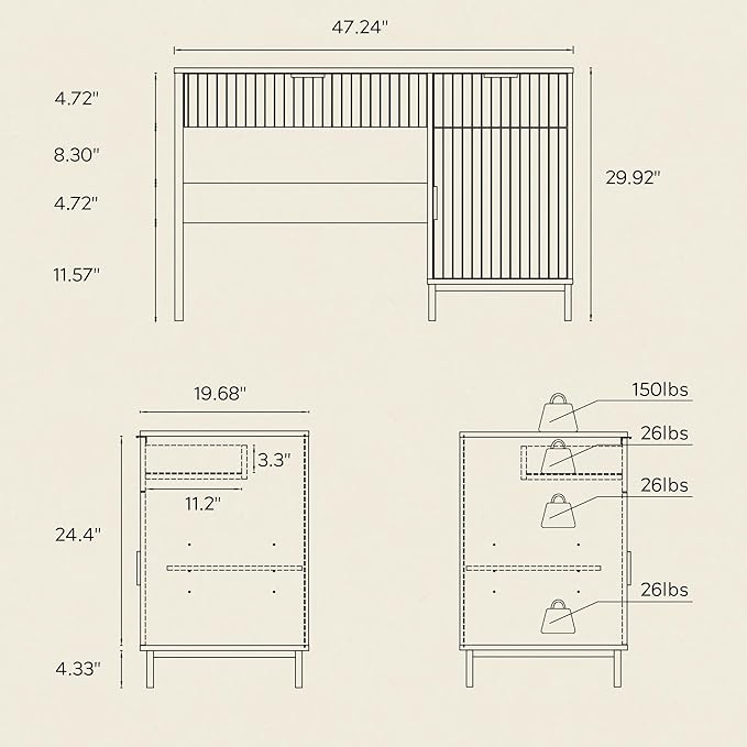 47" Home Office Desk with Fluted Drawers, Wood Exectuive Desk with Storage Cabinet, Charging Station, Metal Legs Modern Farmhouse Computer Desk for Work, Study Light Oak