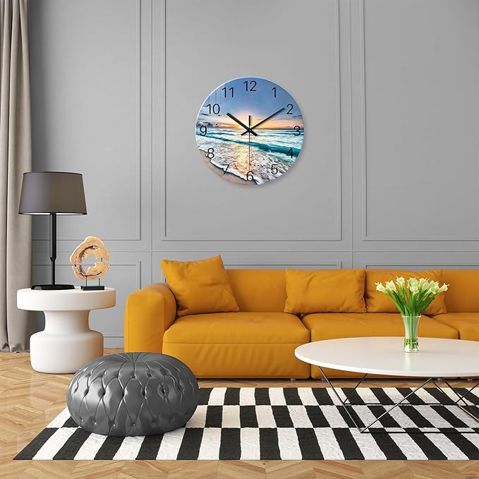 Blue Beach Wall Clock for Bedroom Glass Wall Clocks Battery Operated 12 Inch Analog Wall Clock Silent
