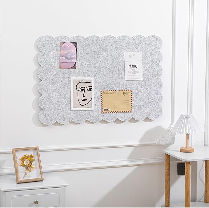 Scalloped Felt Bulletin Board 24 x 18 Inches Foldable Light Gray Pin Cork Board Alternative for Wall, 2' x 1.5' Trifold Picture Vision Self Adhesive Bulletin Decorative