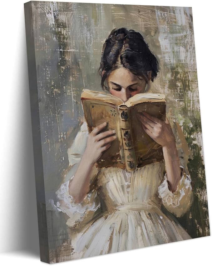 Vintage Victorian Woman Reading Book Wall Art Light Academia Wall Decor Paintings Picture Moody Girl Aesthetic Poster Canvas Print for Bedroom Living Room Dorm Library Nook 12x16Inch Framed