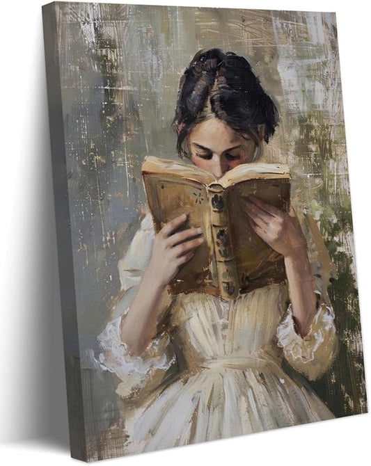 Vintage Victorian Woman Reading Book Wall Art Light Academia Wall Decor Paintings Picture Moody Girl Aesthetic Poster Canvas Print for Bedroom Living Room Dorm Library Nook 16x24 Inch Framed