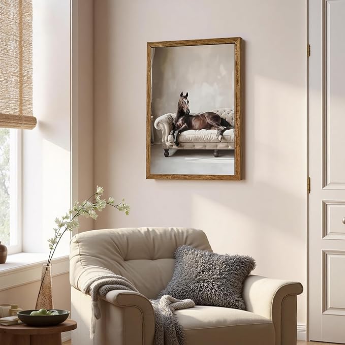 AVECCO Framed Funny Elegant Vintage Canvas Horse Wall Art, Western Brown Horse on Sofa Pictures Wall Decor, Unique Animal Art Prints for Bathroom Bedroom Living Room Office Home Decoration 16x24 Inch