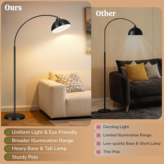 Arc Floor Lamps for Living Room, 72" Modern Tall Lamp with Remote Control and Stepless Dimmable 9W LED Bulb, Over Couch Arched Reading Lamp for Bedroom, Office(Black)