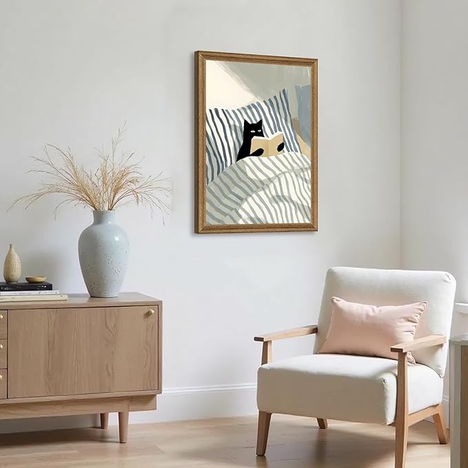 Fantasy Artists Black Cat Reading in Bed Wall Art, Quiet Character Illustration with Soft Neutral Tones, Calm Lifestyle Canvas Print for Bedroom, Reading Nook or Home Office, 16W x 24H
