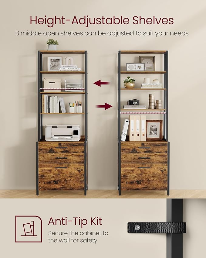 VASAGLE File Cabinet, Home Office Filing Cabinet with Height-Adjustable Open Shelves, 3 Drawers, for A4, Letter-Size Hanging File Folders, Steel Frame, for Home Office, Rustic Brown UOFC078B01