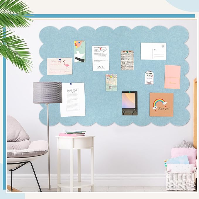 Scalloped Felt Bulletin Board 48 x 36 Inches Foldable Light Blue Pin Cork Board Alternative for Wall, 4' x 3' Trifold Picture Vision Self Adhesive Bulletin Decorative