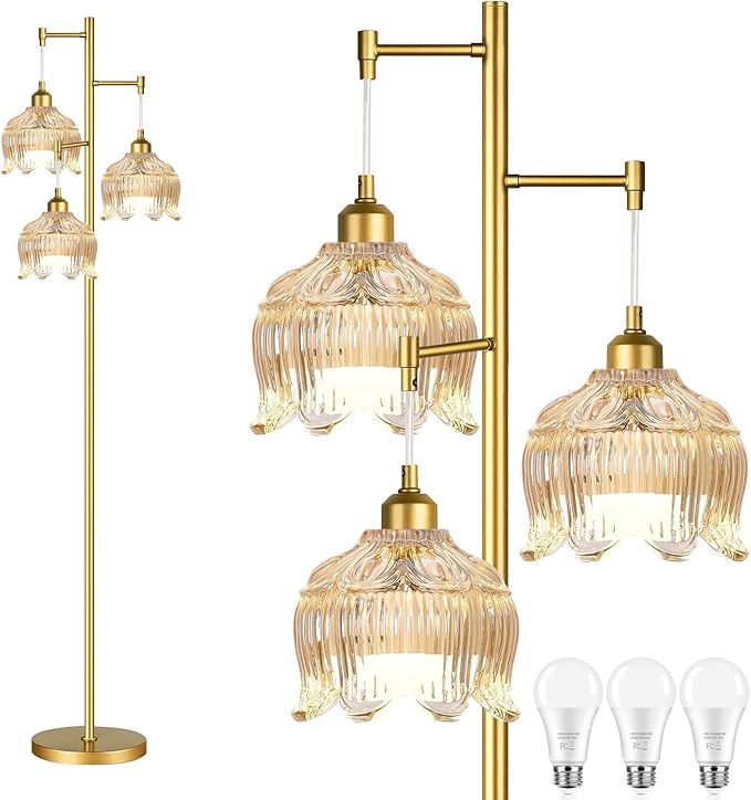 Gold Floor Lamps for Living Room 3 Lights Floor Lamp with Glass Lampshape & Three Led Bulb,Mid Century Standing Lamp Vintage Brass Tall Lamp Tree Floor Lamp for Bedroom Corner