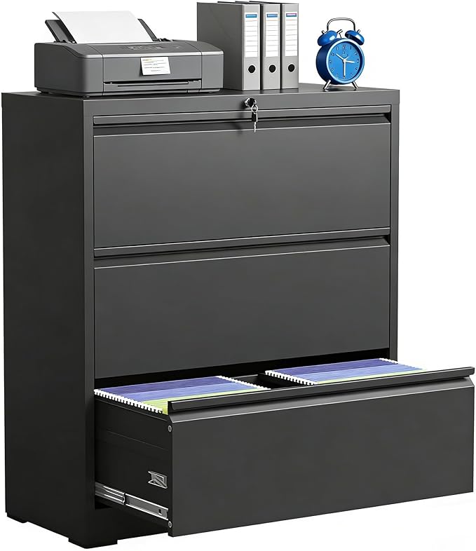 3 Drawer Lateral File Cabinet with Lock, Metal Lateral Filing Cabinet for Home Office, Steel Wide Horizontal Filing Cabinets for Letter/Legal/A4/F4 Hanging Files (Black)