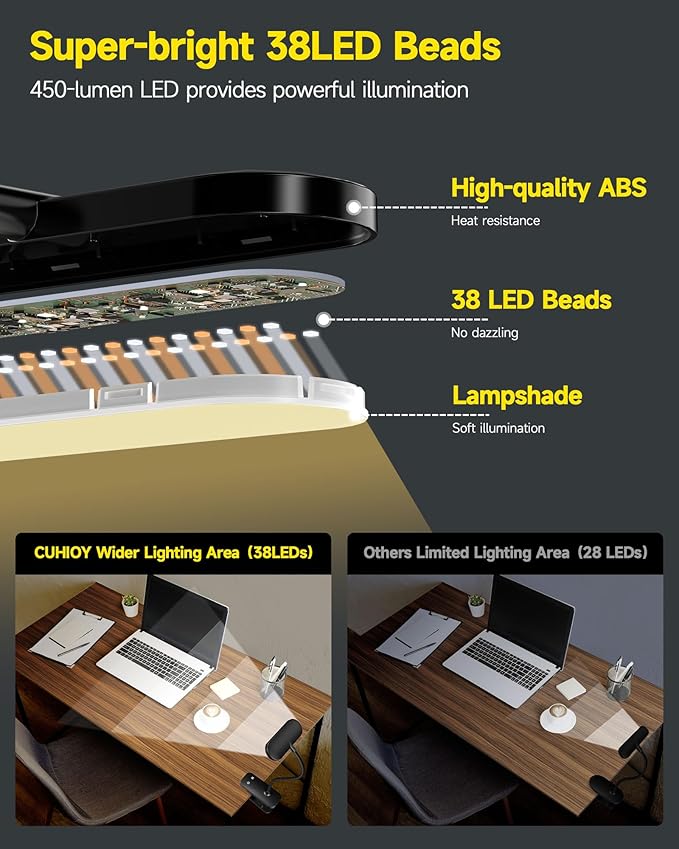 CUHIOY Desk Lamp Clip on Reading Light, USB-C Battery-Operated Rechargeable Table Lamps with Clamp for Dorm Home Office, 38LEDs Bed Headboard Light, 5 Colors 5 Brightness, Flexible Gooseneck (Black)