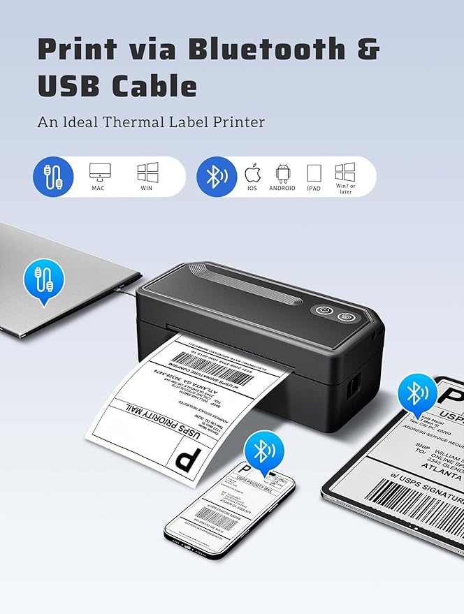 Shipping Label Printer 4x6 Bluetooth Thermal Label Printer for Small Business, Warehouse or Home Office, Compatible with Windows iOS Android Mac, USPS Amazon Etsy