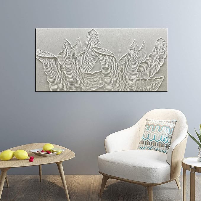 YaSheng Art- Wall Art Oil Paintings ,Modern Tropical Palm Leaf Wall Art, Handmade 3D Textured Relief White，Modern Minimalist Wall Art Abstract Artwork painting, Wall Art for living room Bedroom Wall Deco Home, Framed Wall Art Pictures 24X48 Inches