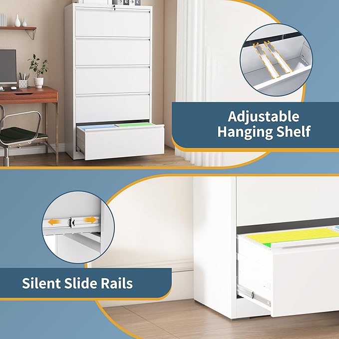 5 Drawer File Cabinet with Lock, Lateral Filing Cabinets,Metal Storage Filing Cabinets for Home Office, Heavy Duty File Cabinet for Letter/Legal/A4/F4 Size Amsseble Required, White