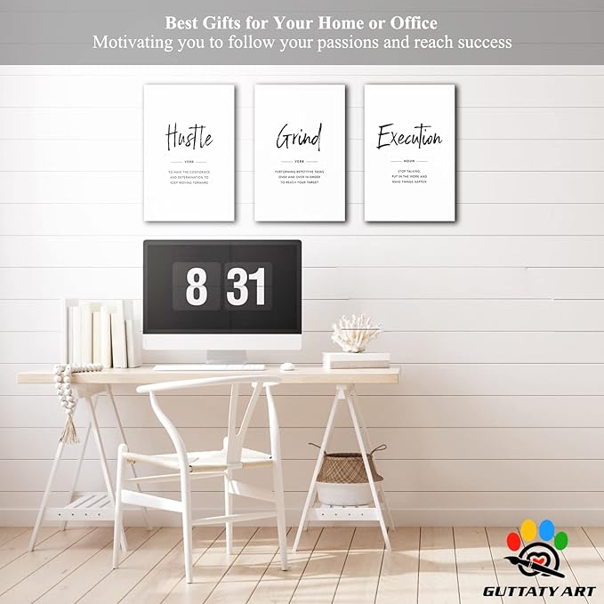Office Wall Art - 3 Panel Motivational Wall Art, Inspirational Quotes Canvas Art for Home Office Wall Decor, Positive Quotes Wall Decor, Entrepreneur Grind Hustle Execution Poster Frame (12”x18”x3Pcs)
