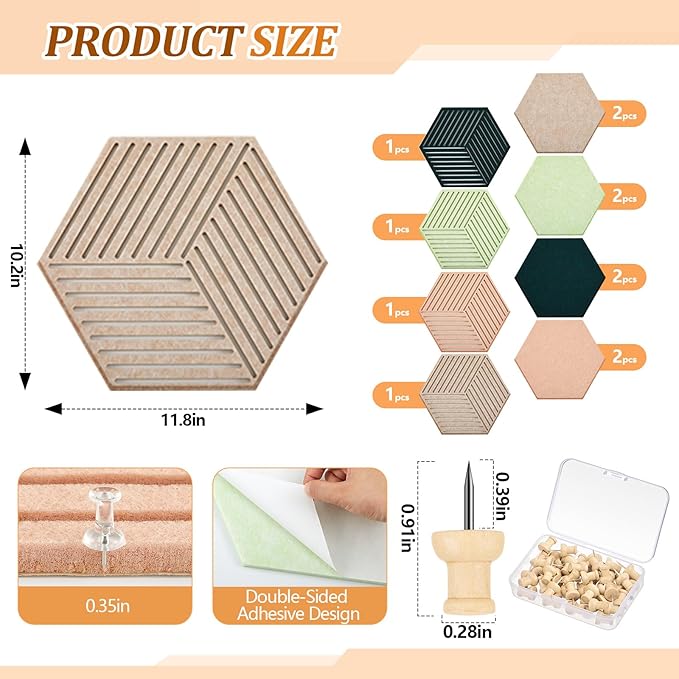 12 Pcs Hexagon Cork Boards Tiles for Walls Decor 12 x 10 Inch Cork Bulletin Board Tiles with 50 Pins, Pin Board for Office Home for Office & Home for Notes Photos and DIY Classroom Decor