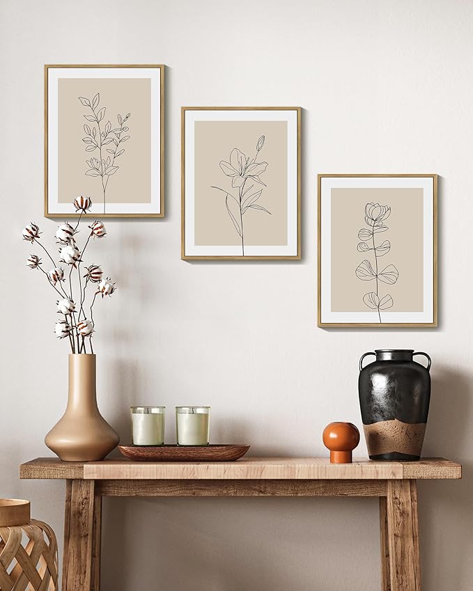 Drsoum Black Line Flower Wall Art Vintage Floral Minimalist Wall Hanging Decor Bohemain Botanical Prints Artwork for Office Dining Room Hallway 11x14in Natural Framed