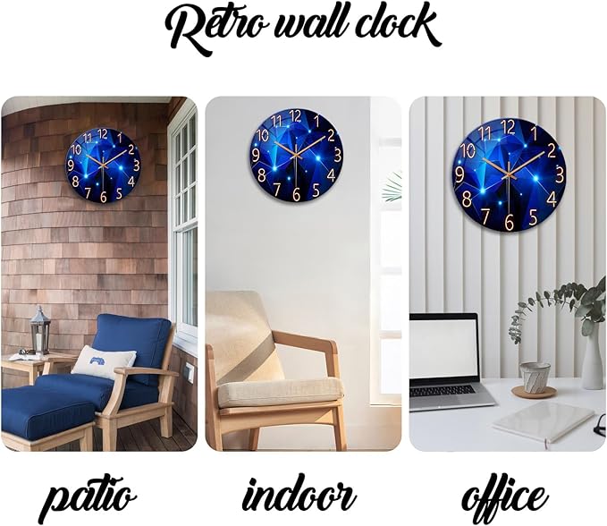 Blue Wall Clock Battery Operated 14 Inch Modern Wall Clock Non Ticking Glass Clock for Living Room