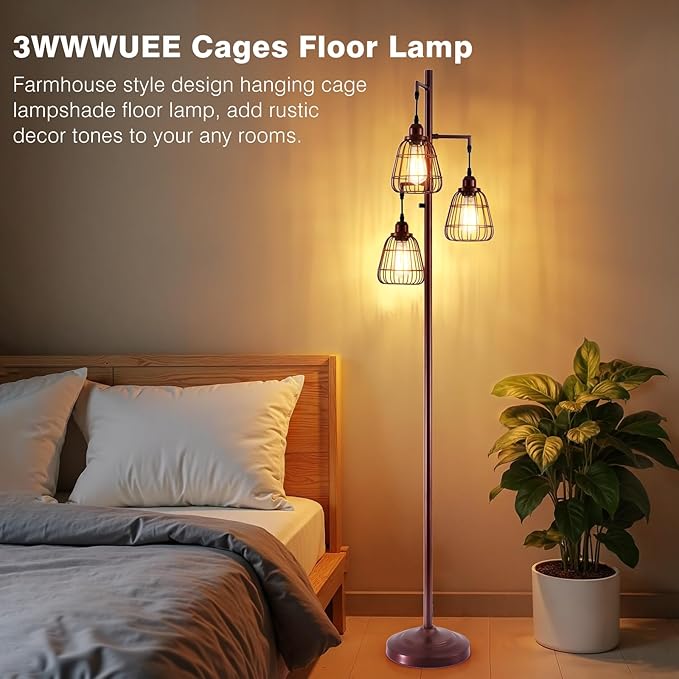 Farmhouse 70'' Dimmable Floor Lamp for Living Room Oil Rubbed Bronze 3-Light Tall Lamp with Bird Caged Lampshade Bedroom Floor Tree Standing Lamp (3xLED Bulb Included) - 315603ORB