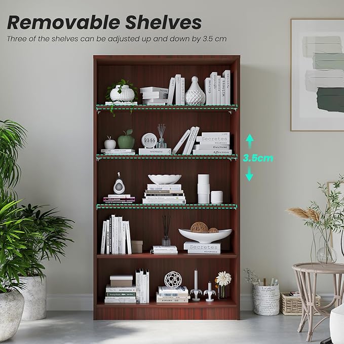 Bookcase Adjustable Storage Shelves,5-Tier Modern Wood Bookcase for Bedroom,60-Inch Bookshelf, Office, Living Room & Library(Cherry)