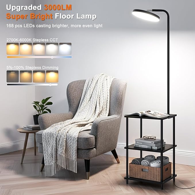 LED Floor Lamp with Table, 25W/3000LM Super Bright Floor Lamp with Remote, End Table with Lamp Attached Stepless Dimmable, Side Tables with Lamp with 350° Rotating Head for Living Room Bedroom Office