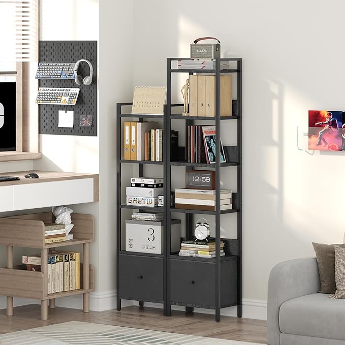 Bookshelf, 5-Tier Bookcase with Drawer, Small Book Shelf for Small Space, Storage Shelf Organizer, for Living Room, Bedroom, Study, Kitchen, Black BKHB55101