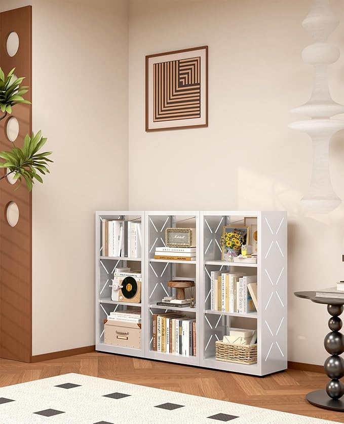 3 Tier Narrow Bookshelf, All Steel Bookcase Adjustable with Anti-Tip Kit & Leveling Feet, Modern White Storage Display Shelves for Bedroom, Living Room, Kitchen, Office
