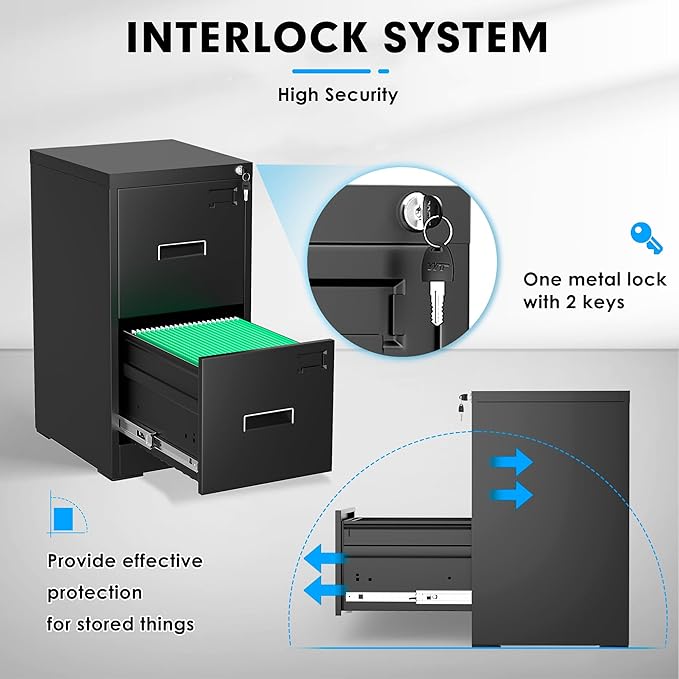 Pataku 2 Drawer File Cabinet with Lock, Sturdy Metal Vertical Filing Cabinets for Home Office, Under Desk Paperwork Storage Fully Extendable Slides Letter Legal A4 Size 18x15x28 Inches, Black