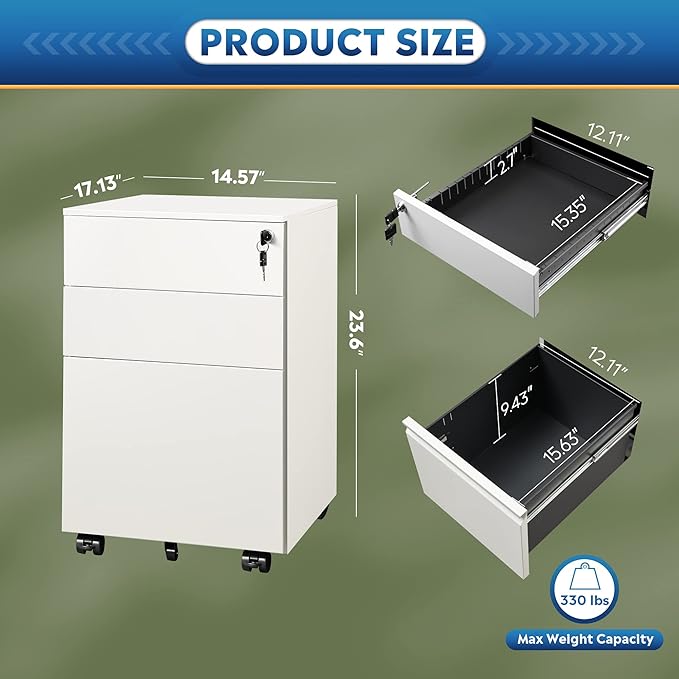 DEVAISE 3 Drawer Locking File Cabinet, Under Desk Metal Filing Cabinet for Legal/Letter/A4 File, Fully Assembled Except Wheels, White