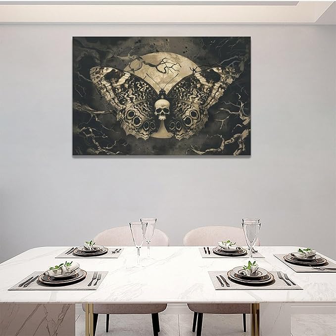 Skull Gothic Wall Art Skeleton Butterfly Dark Spooky Pictures Wall Decor Goth Horror Canvas Painting Home Modern Artwork Decorations Framed for Bathroom Living Room Bedroom Office 24x16 inch