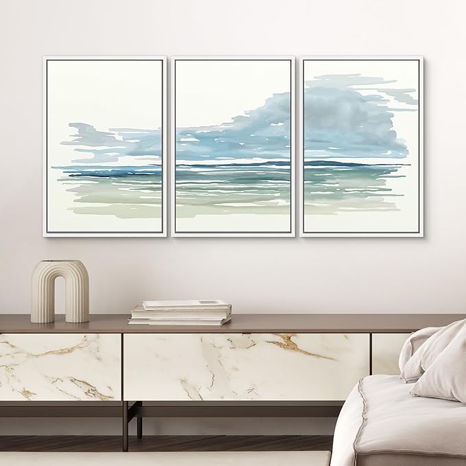 SIGNWIN Framed Canvas Print Wall Art Set Coastal Horizon Watercolor Blue and Green Abstract Ocean Scene Illustrations Modern Art Decorative Abstract for Living Room, Bedroom, Office - 16"x24"x3 White
