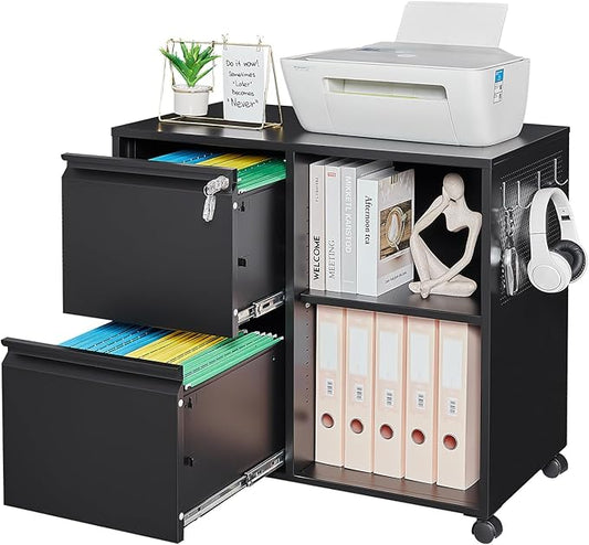 Yizosh 2-Drawer Metal File Cabinet with Lock, Mobile Lateral Filing Cabinet, Printer Stand with Adjustable Storage Shelves for Home Office (Black)
