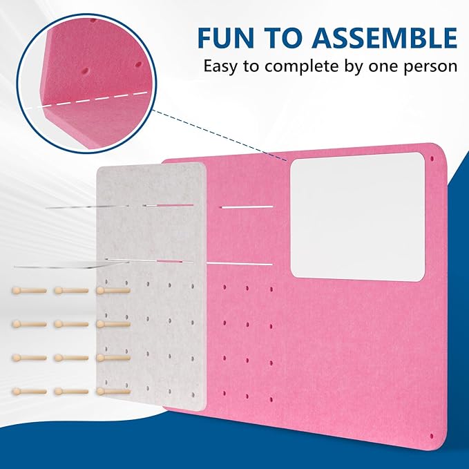 DOLLAR BOSS 3-in-1 Foldable Bulletin Board 16"x24" Horizontal- Magnetic Whiteboard with Cork & Acrylic Shelves, Sound-Absorbing Felt for Home/Office/Dorm Includes Pins/Magnets (Pink)