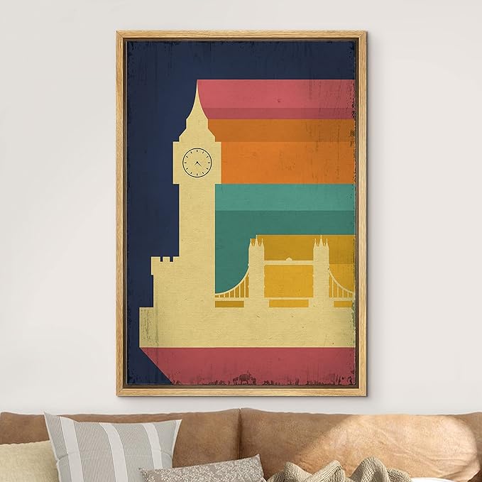 IDEA4WALL Framed Canvas Print Wall Art Retro Vintage British Big Ben Poster Cultural Building Illustrations Modern Art Contemporary Scenic Warm for Living Room, Bedroom, Office - 24"x36" NATURAL