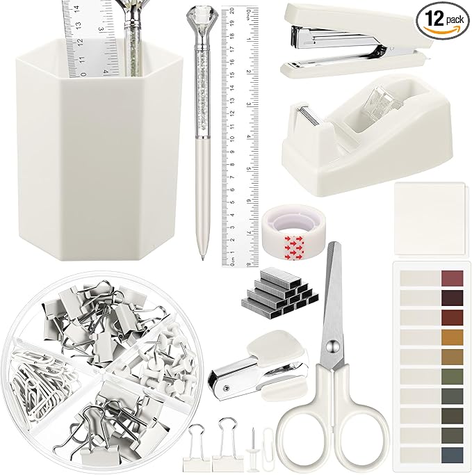 Marspark 12 Pcs Beige Office Supplies Desk Accessories Set Pen Holder Tape Dispenser Stapler Staple Remover Staples Tape Ruler Scissor Pen Sticky Note Index Tab Clips Set for School Office Home