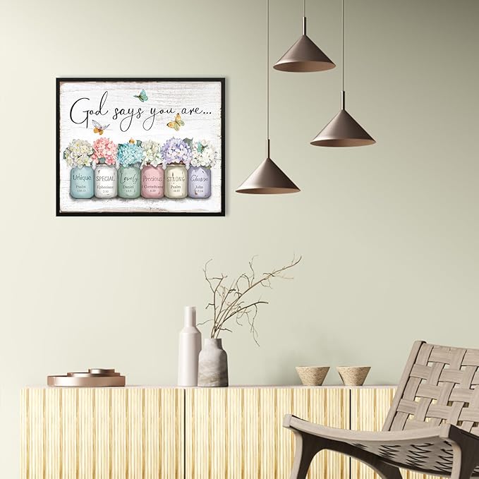 God Says You Are Wall Art: Inspirational Quotes Christian Wall Art Bible Verses Wall Decor Religious Gifts for Women Girls,Hydrangea Flower in Mason Jar Picture Poster Bedroom Decor 16"x20"