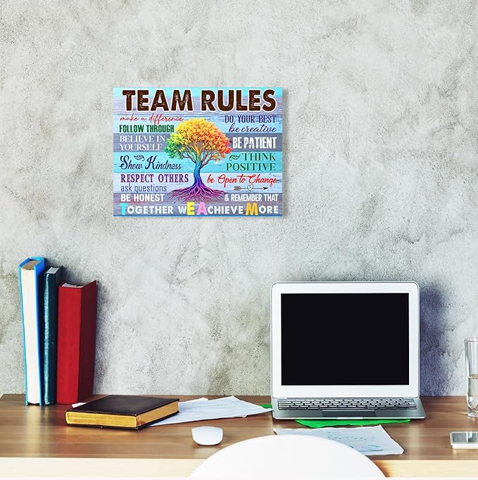 Team Rules Wall Decor,Positive Teamwork Quote Wall Art Canvas Framed for Home Office Wall Decor 12 x 15 in