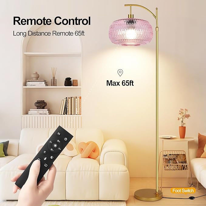 Pink Floor Lamp for Living Room,Bedroom,Gold Dimmable Standing Lamp with Remote,Mid Century Modern Brass Tall Lamp Boho Floor Lamps Arc Stained Glass Flower Floor Light Lamp Girls kids Bohemian