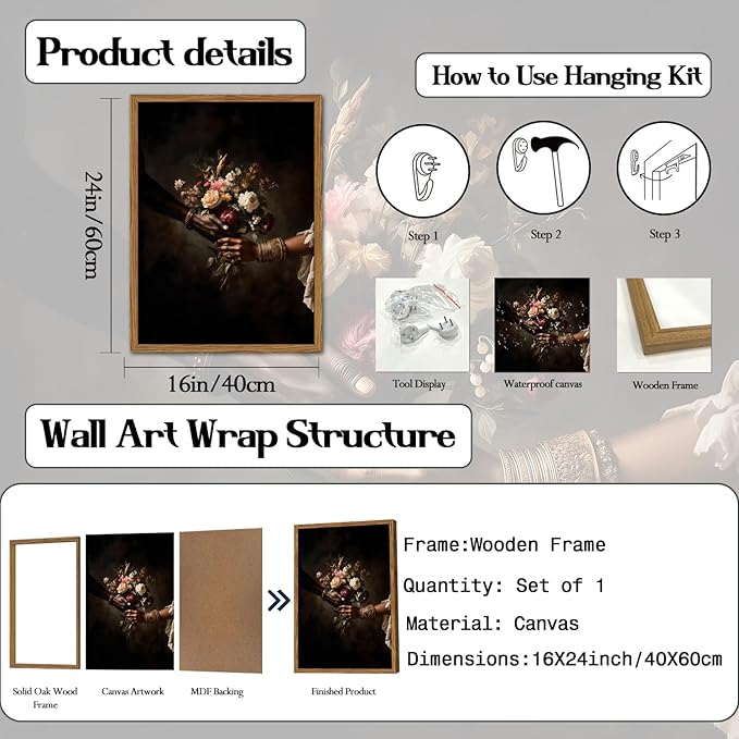 Framed Black Love Floral Wall Art, African American Couple Canvas Wall Decor Prints, Dark Romantic Holding Flowers Paintings Pictures Moody Home Decor Aesthetic for Living Room Bedroom 16x24 inch