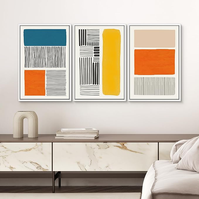 SIGNWIN Framed Canvas Print Wall Art Set Mid-Century Bright Color Block Collage Abstract Shapes Illustrations Minimalism Bohemian Decorative for Living Room, Bedroom, Office - 24"x36"x3 White