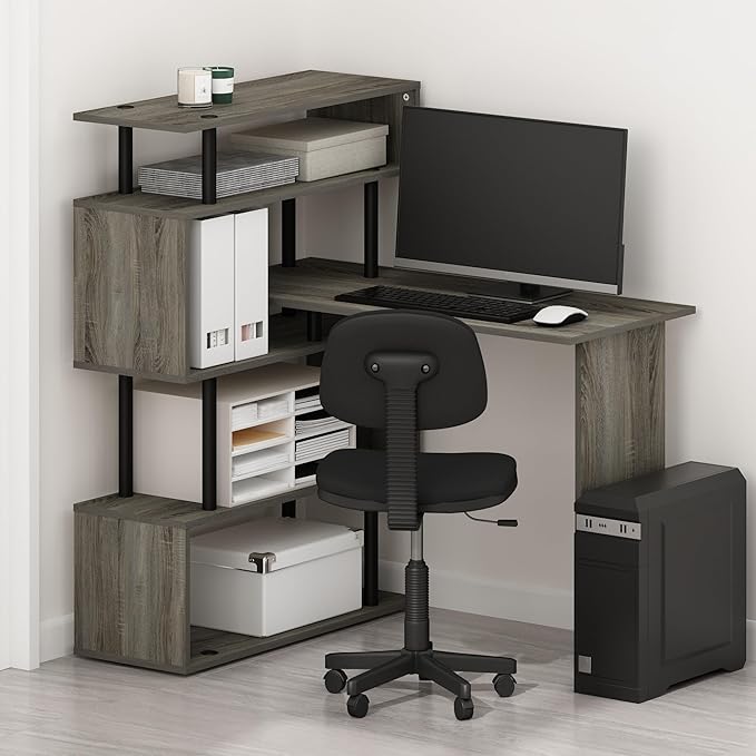 Furinno Classic L Shape Computer Desk, Gaming Desk, Office Desk with 5-Tier Shelves, 40" Wide, for Home Office, Study, Gaming, Grey Oak